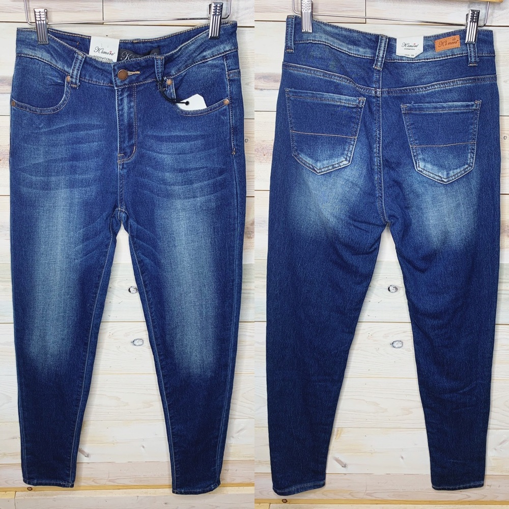 GS - Dark Washed High Rise Skinny Jeans with Bleached Detailing